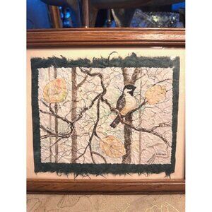 Vintage Signed Watercolor Batik Painting Textured Paper Botanical Bird Motif Art